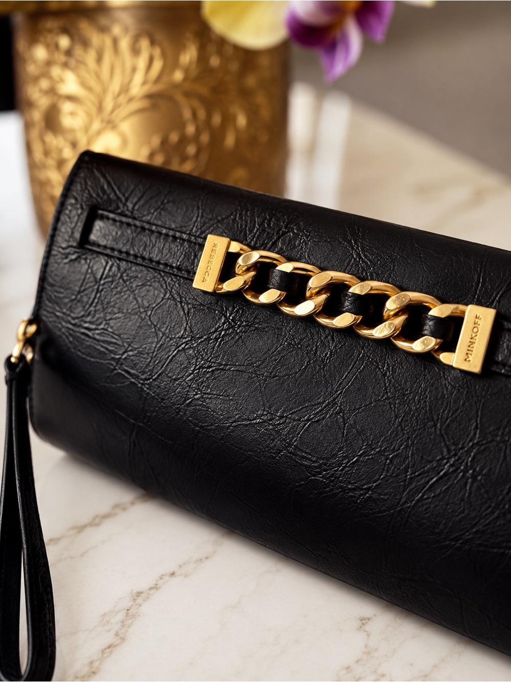Rebecca Minkoff Black & Gold Chain Clutch | Convertible Wristlet & Dust Bag  NWT - Picture 5 of 16